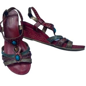 Spring step red sandals turquoise stones sling back 39 US 8.5 boho
